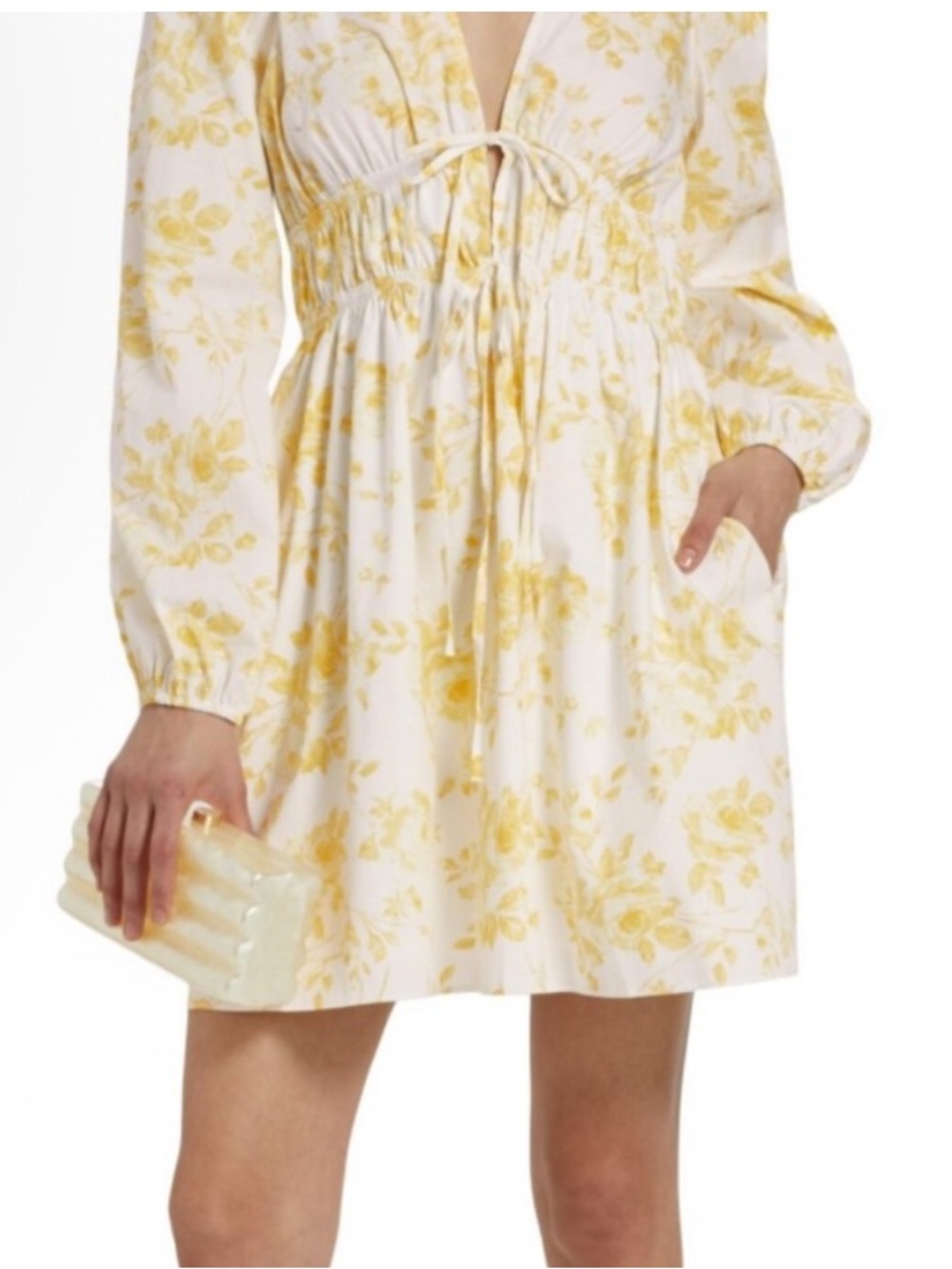 Wayf Leighton Yellow Floral Mini Dress with Long Sleeves NWT